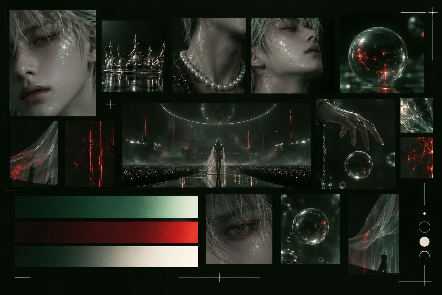 Dark visual-system board showing Catir3 face, crown, pearls, spheres and green, red and ivory gradients.